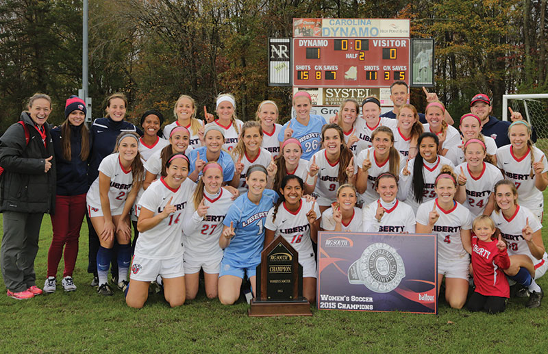 The women’s soccer team celebrates its second Big South Championship in three seasons on Nov. 8, 2015.