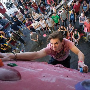 A student climbs Liberty University's indoor rock wall.