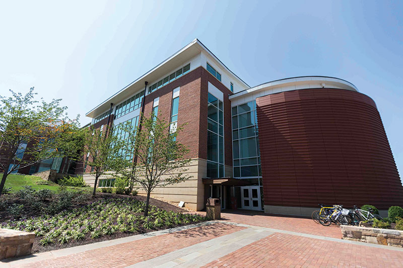 An outside look at the concert hall side of Liberty University's Center for Music and the Worship Arts.