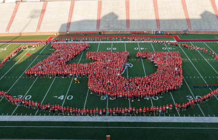 Liberty students form a giant LU.