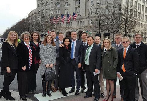 Members of Liberty’s Eagle Scholars program stand with President Jerry Falwell and his wife, Becki, after arriving in Washington, D.C., for Inauguration 2017 festivities.