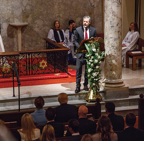 Liberty University President Jerry Falwell speaks and reads Scripture during a private service at St. John’s Episcopal Church the morning of the Inauguration.