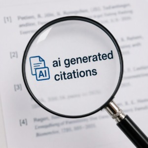 A magnifying glass over a page of blurred text. The magnifying glass is revealing the words "ai generated citations"