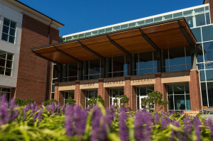 Photo of flowers in front of the library