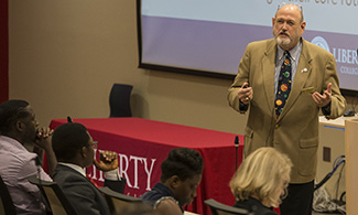 Ray L. Morrison, D.O., Assistant Dean of Clinical Education, welcomes visitors during LUCOM Open House on Saturday, Oct. 1, 2016.