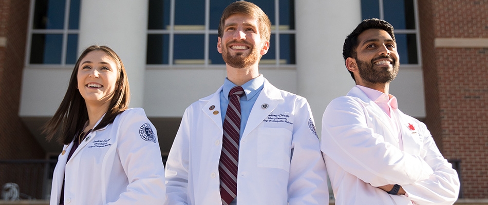 LUCOM student-doctors pictured outside the Center of Medical and Health Sciences on the campus of Liberty University.