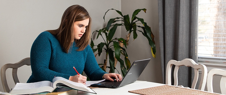 A Liberty University Online (LUO) student completes coursework from home.