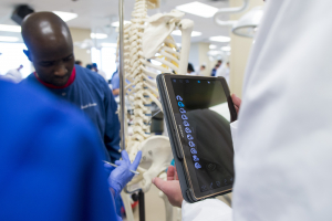 LUCOM student-doctors study a plastinated skeleton inside the anatomical dissection lab.