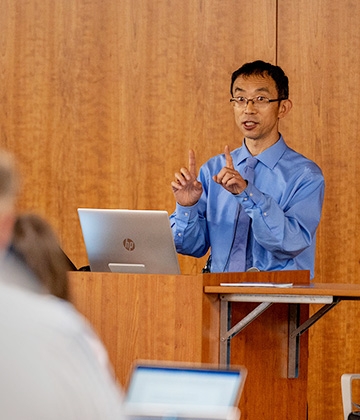 Liberty University College of Osteopathic Medicine (LUCOM) Associate Professor of Microbiology Yingguang Liu, PhD, gives creation and design lecture on SARS-CoV-2 on Monday, Sept. 27, 2021.