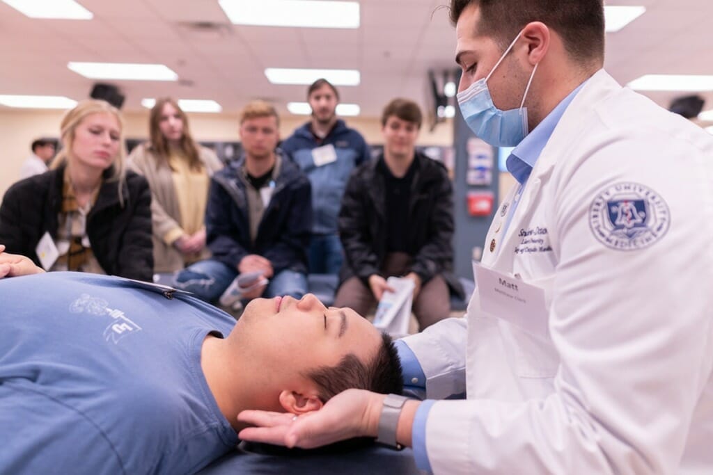 Liberty University second-year osteopathic medical student Matthew Clark demonstrates an osteopathic manipulative treatment approach during "Operation Sparky" on Feb. 3, 2022.