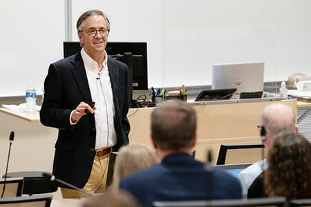 James A. Avery, MD, CMD, FAAHPM, FCCP, FACP, speaks to Liberty University osteopathic medical faculty and students for his presentation titled “Marijuana: An Honest Look at the World’s Most Misunderstood Weed” on March 1, 2022.