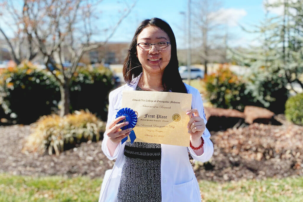 Liberty University osteopathic medical student Teresa Nguyen, Class of 2024, awarded First Place in the Medical Student Research (Biomedical) category at the annual Edward Via College of Osteopathic Medicine (VCOM) Research Recognition Day, Feb. 25.