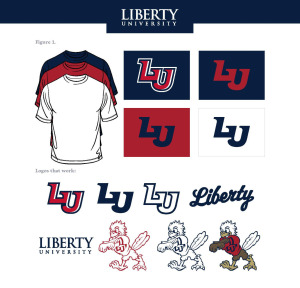Examples of Liberty trademarks as they could appear on red, navy, white apparel