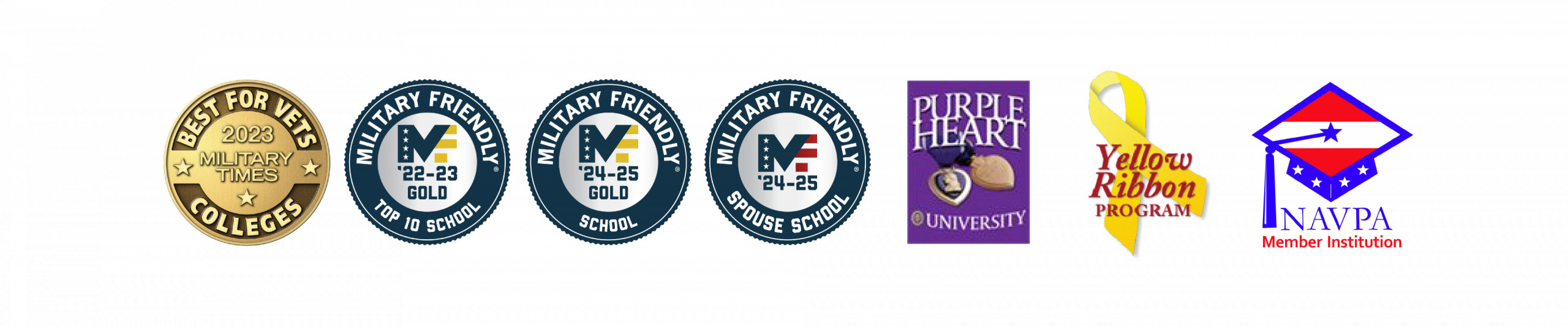 Awards: Best for Vets Colleges by Military Times in 2023, Top 10 School from Military Friendly for 2022-2023, Voted Gold Military Friendly School by Military Friendly for 2024-2025, Voted Spouse Friendly by Military Friendly for 2024-2025, Purple Heart University, Yellow Ribbon Program, NAVPA Member Institution