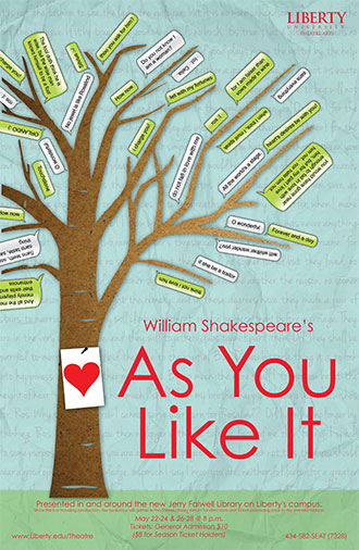 As You Like It Poster for Shakespeare Summer production at Jerry Falwell Library.