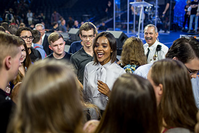 Candace Owens interacts with Liberty University students following Convocation on Wednesday in the Vines Center.
