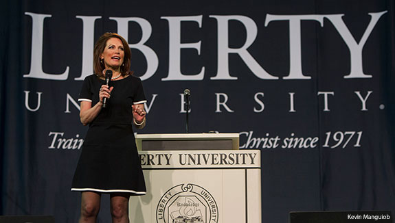 Congresswoman Michele Bachmann takes the stage at Liberty University Convocation on April 16, 2014.