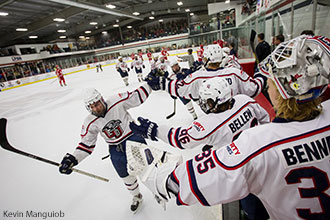 DI men's hockey team celebrates game-tying goal against Stony Brook.