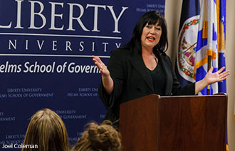 Jan Haugen speaks to Liberty University students.