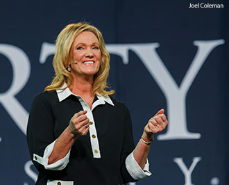 Karen Kingsbury speaks during Liberty University Convocation in February 2014.