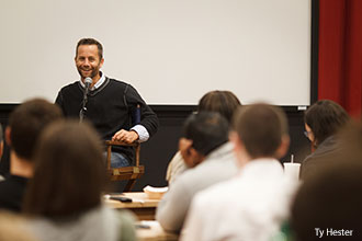 Liberty film students interact with Kirk Cameron during class.