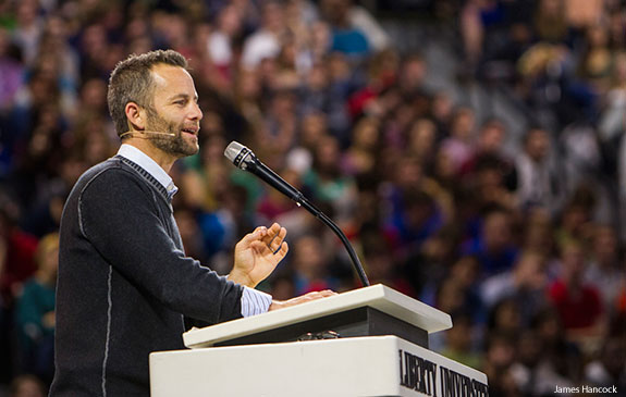 Kirk Cameron speaks to Liberty University students during Convocation.
