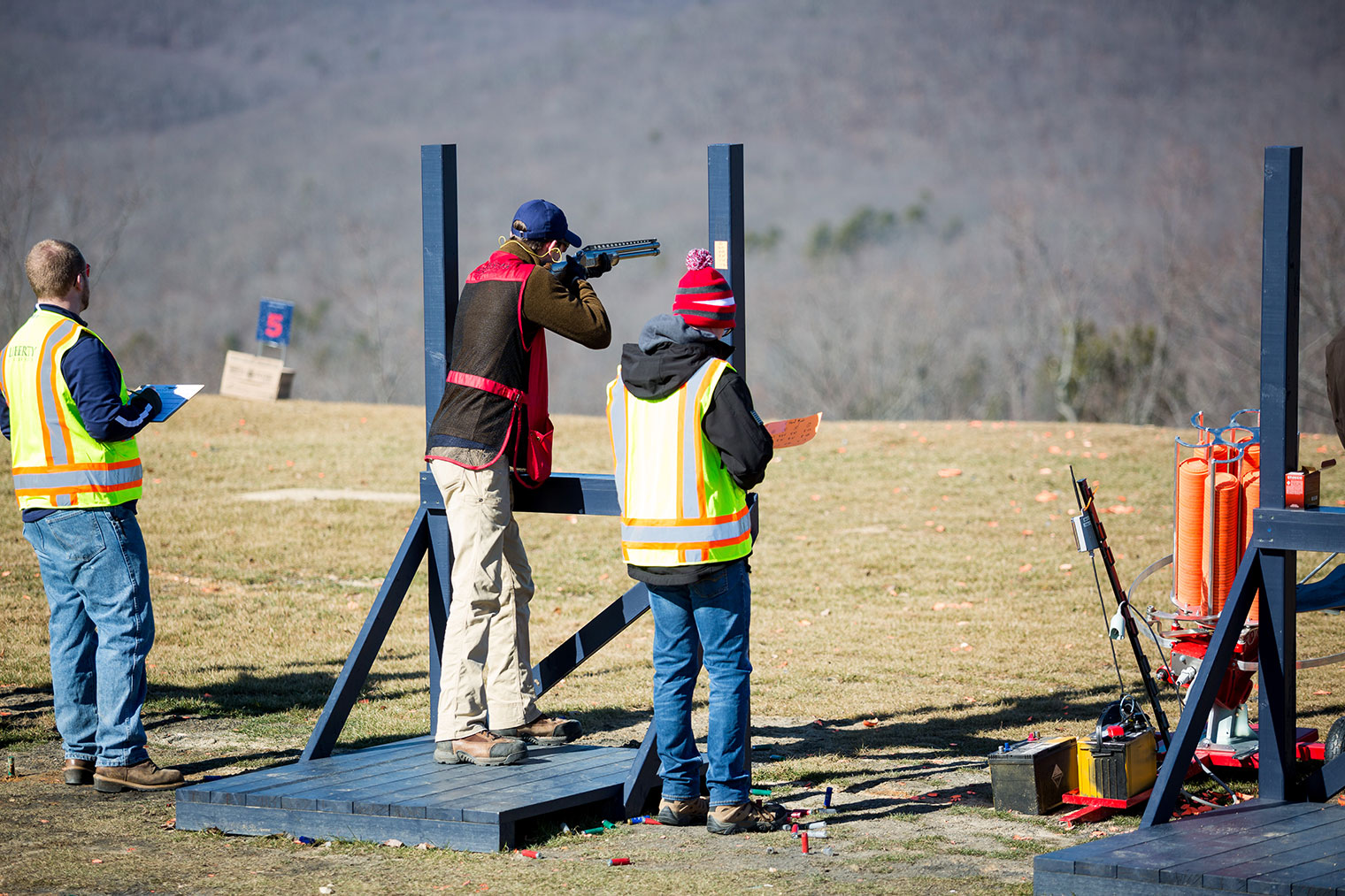 A Liberty University shooting sports team member practices on the five-stand station. (Photo by Nathan Spencer)
