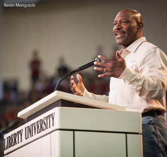 Lee Haney speaks at Liberty University.