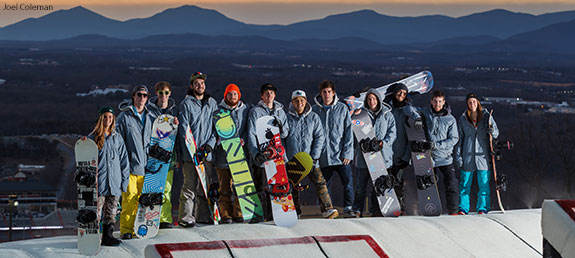 Liberty's ski and snowboard team pose atop the Liberty Mountain Snowflex Centre.