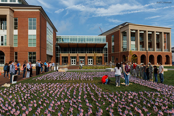 Liberty University students remember 9/11 in front of the Jerry Falwell Library.