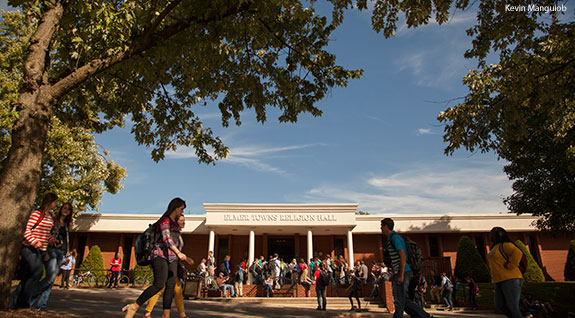 Students come and go from Liberty University's Elmer Towns Religion Hall.