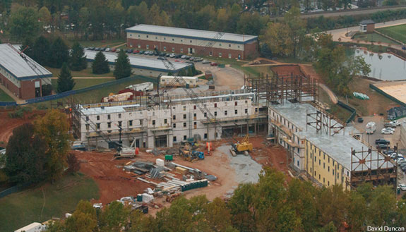 Aerial view of construction on Liberty's new high-rise residence hall.