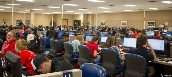 Liberty students answer phone calls in response to a Billy Graham TV program.