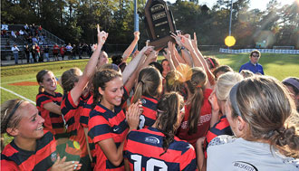 Lady Flames soccer celebrates its fourth Big South Championship.