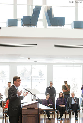 Warner gives a legislative update in the Jerry Falwell Library.