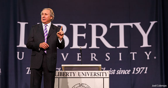 Mike Reagan speaks to students during Liberty University Convocation.
