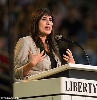 Naghmeh Abedini, wife of Iranian-American pastor Saeed Abedin who is imprisoned in Iran, speaks at Liberty University Convocation.
