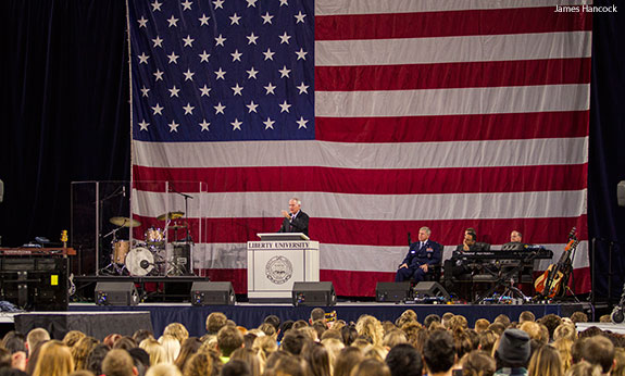 Oliver North celebrates military heroes during Liberty University's Convocation on Nov. 5.