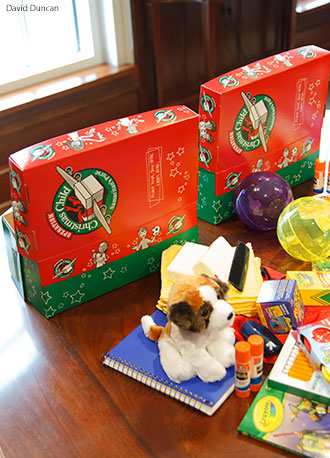 Operation Christmas Child shoeboxes packaged by President Jerry Falwell and his wife, Becki.