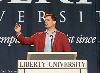 Dr. Peter Williams, warden and CEO of Tyndale House, argues the authenticity of the Gospels at Liberty University Convocation on Monday, Sept. 23.