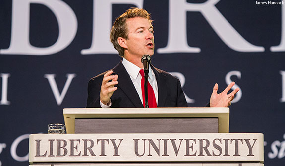 U.S. Senator Rand Paul addressing Liberty University students during Convocation.