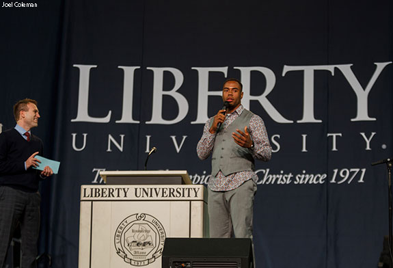 Johnnie Moore interviews Rashad Jennings at Liberty's Convocation.