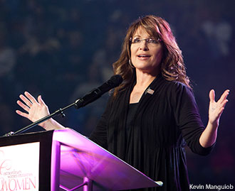 Sarah Palin speaking in Liberty University's Vines Center in 2011 during the Extraordinary Women's Conference.