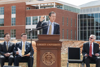 President Jerry Falwell speaks at the School of Music groundbreaking ceremony.