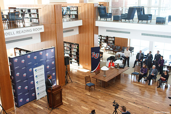 Warner speaks in the Caudell Reading Room at the Jerry Falwell Library.
