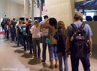 Students line up to vote on Liberty's campus.