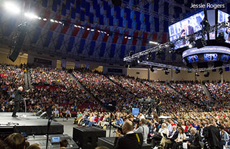 Liberty University students listen to Sen. Bernie Sanders at Convocation.