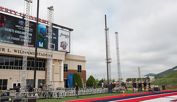 A stage and chairs cover the ice at Liberty University's LaHaye Ice Center.