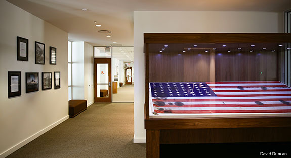 A new display in the Jerry Falwell Library features an American flag recovered after the attack on Pearl Harbor.