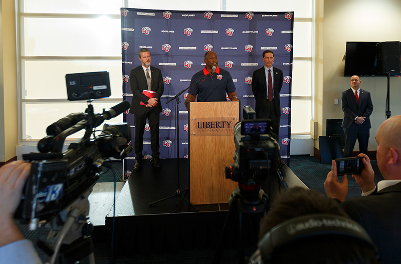 Liberty University President Jerry Falwell, Head Football Coach Turner Gill, and Director of Athletics Ian McCaw addressed members of the press at Williams Stadium on Thursday.